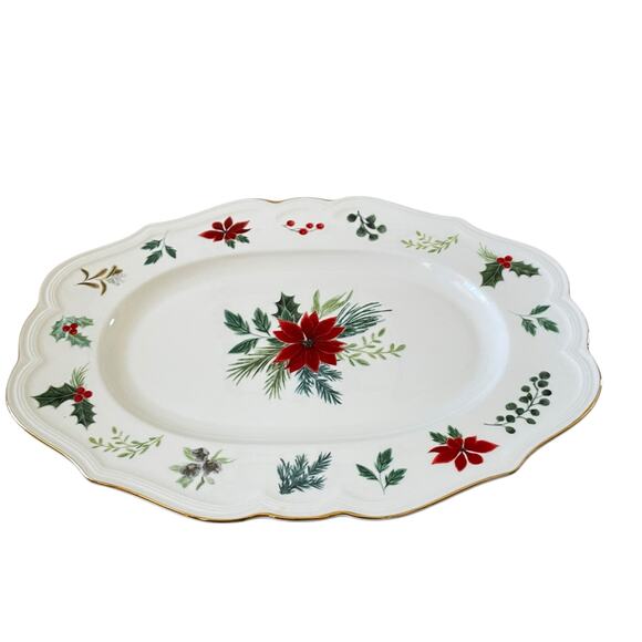 Grace Teaware Poinsettia & Holly Porcelain Oval Serving Tray Christmas New - Picture 5 of 14